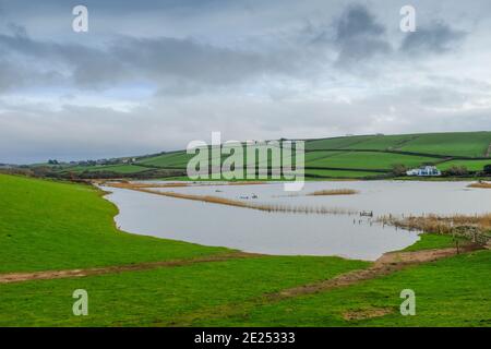 Blick auf die Überschwemmungen im South Milton Ley Reserve nach starken Regenfällen. Thurlestone, South Devon, Großbritannien Stockfoto