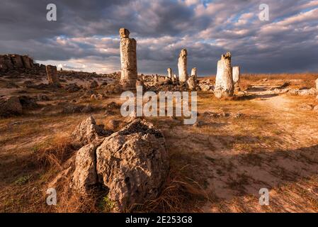 Phänomen Felsformationen in Bulgarien um Varna - Pobiti kamani. Nationaler Tourismus Ort. Aufrechter Stein. Erdsäule in Bulgarien Stockfoto