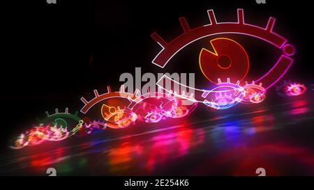 Cyber-Auge-Symbol, digitale Spionage-Zeichen, Überwachungstechnik und Privatsphäre Hacking-Konzept. Futuristische abstrakte 3d-Darstellung. Stockfoto