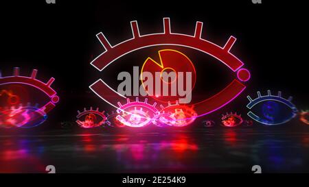 Cyber-Auge-Symbol, digitale Spionage-Zeichen, Überwachungstechnik und Privatsphäre Hacking-Konzept. Futuristische abstrakte 3d-Darstellung. Stockfoto