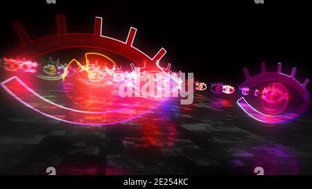 Cyber-Auge-Symbol, digitale Spionage-Zeichen, Überwachungstechnik und Privatsphäre Hacking-Konzept. Futuristische abstrakte 3d-Darstellung. Stockfoto