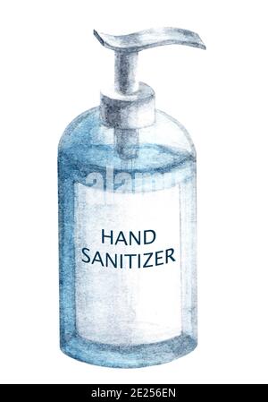 Desinfektionsmittel Aquarell Illustration blau Gel antiseptisch für die Handhygiene isoliert auf weißem Hintergrund. Aquarell handgezeichnete Illustration. Coronavirus Stockfoto