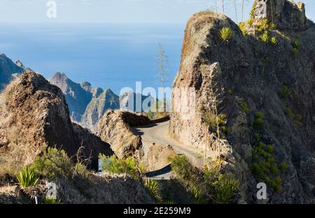 Delgadim, ikonischer Aussichtspunkt an der alten Bergstraße zwischen Porto Novo und Ribeira Grande. Insel Santo Antao, Kap Verde im äquatorialatlantik. Stockfoto