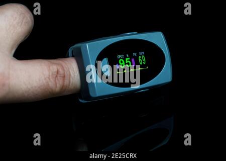 Pulsoximeter am Finger ist eine gute Möglichkeit, den Sauerstoffgehalt des Blutes im Falle einer Virusinfektion der Lunge zu testen. Isoliert auf schwarzem Hintergrund. Stockfoto