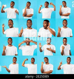 African Guy Posiert Gesturing Ausdruck Positive Emotionen, Blue Background, Collage Stockfoto