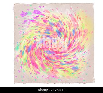 Bemalte bunte explodierende Wirbel Spirale Bild auf handgefertigten rauhen Aquarell oder Papier Aquarell Blatt mit abgerissenen Kanten. Bild auf weißem Hintergrund isoliert Stockfoto