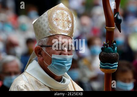 Katholische Kirche während covid-19 Epidemie. Feier der Messe. Bischof. Mgr. Yves Boivineau. Heiligtum von La Benite Fontaine. Frankreich. Stockfoto