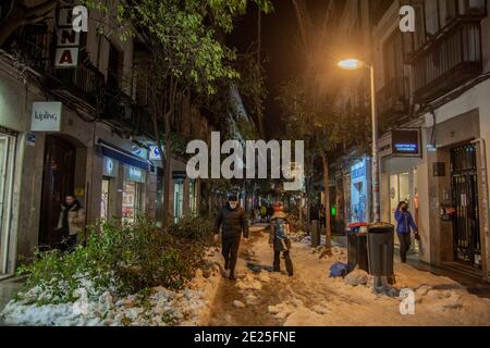 Madrid, Spanien. Januar 2021. Mehr als 150,000 Bäume könnten vom Sturm Filomena betroffen sein. Auch Hunderte von zerstörten Fahrzeugen auf den Straßen von Madrid. Der Schnee ist noch auf den Straßenmöbeln und auf den Dächern angesammelt und man muss sehr vorsichtig sein, wenn man auf der Straße geht.nach dem starken Schneefall wurde der Schaden gesehen: Straßen und Alleen mit Tausenden von Trunkenbäumen und gebrochenen Ästen auf dem Boden. In der Fuencarral Straße war die Szene, als ob ein Kataklysma stattgefunden hätte (Foto von Alberto Sibaja/Pacific Press) Quelle: Pacific Press Media Production Corp./Alamy Live News Stockfoto