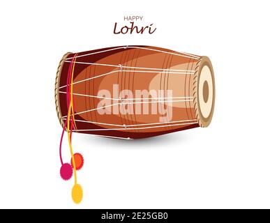 Vektor-Illustration für Happy Lohri. Indische traditionelle Trommel oder Dholak oder Dhol und tanzendes Paar Stockfoto