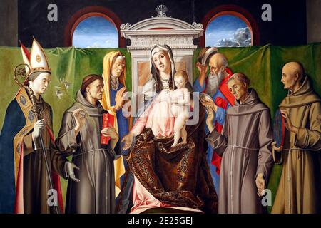 Gallerie dell'Accademia. Madonna mit Kind thront mit den Heiligen Ludwig von Toulouse, Antonius von Padua, Anne, Joachim, Franziskus und Bernardino von Siena Stockfoto