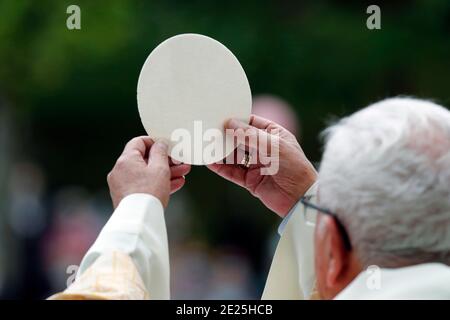Katholische Kirche während covid-19 Epidemie. Sonntagsmesse. Eucharistiefeier. Mgr. Yves Boivineau. Heiligtum von La Benite Fontaine. Frankreich. Stockfoto