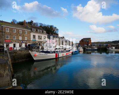 Jubilee Queen ist in Padstow Harbour für den Winter, Padstow, Cornwall, Großbritannien, vertäut Stockfoto
