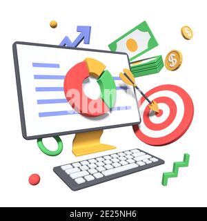 Datenanalyse - moderne farbenfrohe realistische 3d-Darstellung auf weißem Hintergrund. Geschäftsanalyse und Finanzmanagement Idee. Bilder eines Computers Stockfoto