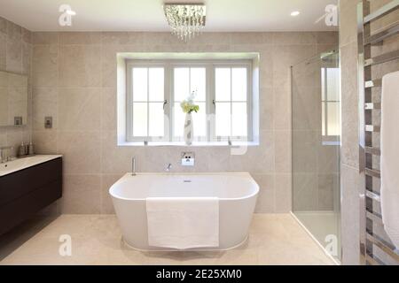 Modernes Bad und Dusche mit Waschbecken und Handtuchhalter Und Dreifachfenster Stockfoto