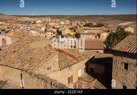 Blick auf Fuendetodos, ein kleines Dorf in der Provinz Zaragoza, Spanien. Es ist bekannt als Geburtsort des Malers Francisco de Goya Stockfoto