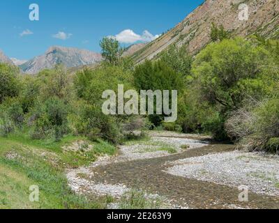 Auf dem Weg hinauf zum Pass Moldo Aschu. Landschaft am See Song Kol (Son Kul, Songkoel, Song-Koel). Tien Shan Berge oder himmlisch Stockfoto