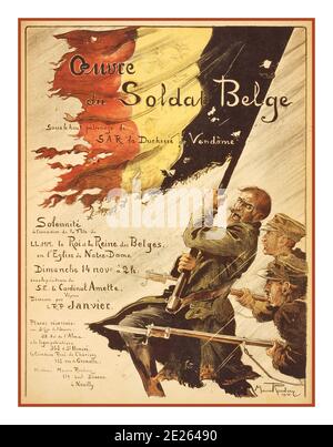 Jahrgang 1. Weltkrieg Belgisches Propagandaplakat 'Verband des belgischen Soldaten'.1. Weltkrieg 1915 Oeuvre du soldat belge Belgische Soldaten mit einer zerfetzten Flagge. Romberg, Maurice, Künstler Weltkrieg, 1914-1918--Militärpersonal--Belgische Flaggen--1910-1920 Ausstellungsplakate--Französisch--1910-1920. 1. Weltkrieg Lithographien Des 1. Weltkrieges --Farbe--1910-1920. Kriegsplakate--französisch--1910-1920.: Vereinigung des belgischen Soldaten. Signiert: Maurice Romberg, 1915.. Stockfoto