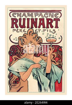 CHAMPAGNER RUINART 1900 Vintage Art Deco Poster mit Ruinart Champagne House, exklusiv produziert Champagner seit 1729. Gegründet von Nicolas Ruinart in der Champagne Region in der Stadt Reims Frankreich CHAMPAGNER RUINART Vintage Art Poster 1900 Stockfoto