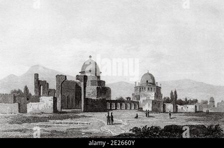 Alte große Moschee in Soltaniyeh. Iran. Alter Stahl graviert antiken Druck. Veröffentlicht in L'Univers La Perse, in 1841. Geschichte des alten persischen Reiches Stockfoto