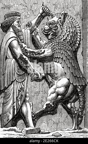 Persischer König im Kampf mit einem Monster, das Ahriman symbolisiert. Ahriman Angra Mainyu, erste Inkarnation des Bösen. Tier vom König getötet großes Relief von Darío Palast. Persepolis zeremonielle Hauptstadt des Achämeniden-Reiches, UNESCO-Weltkulturerbe. Provinz Fars. Iran. Alte Gravurillustration aus dem Buch Universal History von Oscar Jager 1890 Stockfoto