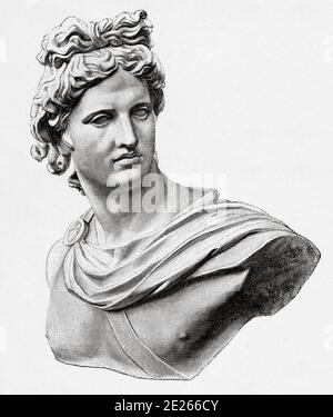 Apollo Belvedere oder Apollo pitio, ist eine berühmte Marmorstatue, die den griechischen gott Apollo darstellt. Griechenland antike Geschichte. Alte Gravurillustration aus dem Buch Universal History von Oscar Jager 1890 Stockfoto