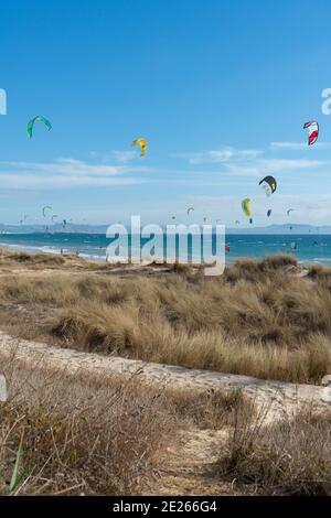 Viele Kitesurfer mit ihren Drachenschirmen in der Luft Am Strand von Tarifa Stockfoto