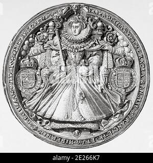 Porträtmedaille von Elisabeth I. von England. Die Jungfrau Königin, Gloriana oder die gute Königin Bess (Greenwich, 7. September 1533 - Richmond, 24. März 1603). Königin von England und Irland. Geschichte von Philipp II. Von Spanien. Alter Stich veröffentlicht in Historia de Felipe II von H. Forneron, im Jahr 1884 Stockfoto