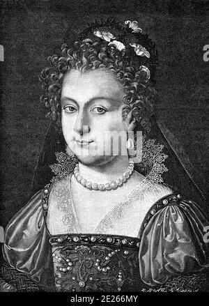 Porträt von Elisabeth I. von England. Die Jungfrau Königin, Gloriana oder die gute Königin Bess (Greenwich, 7. September 1533 - Richmond, 24. März 1603). Königin von England und Irland. Geschichte von Philipp II. Von Spanien. Alter Stich veröffentlicht in Historia de Felipe II von H. Forneron, im Jahr 1884 Stockfoto