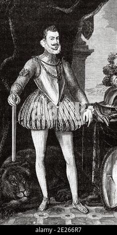 Porträt des Johannes von Österreich (Regensburg, 24. Februar 1545 oder 1547 - Bouge, 1. Oktober 1578), illegitimer Sohn von König Karl I. von Spanien und V. des Heiligen Römischen Reiches, und Barbara Blomberg; Er war ein Mitglied der spanischen königlichen Familie, Militär und Diplomat während der Herrschaft seines Bruders Philip II.. Geschichte von Philipp II. Von Spanien. Alter Stich veröffentlicht in Historia de Felipe II von H. Forneron, im Jahr 1884 Stockfoto