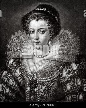 Isabella von Österreich. Porträt Elisabeth von Österreich (Wien, Österreich, 5. Juli 1554 - 22. Januar 1592) war Erzherzogin von Österreich, Tochter des Heiligen Römischen Kaisers Maximilian II. Von Habsburg und Maria von Österreich und Portugal, Infantin von Spanien. Sie war eine katholische Prinzessin, die als eine der schönsten Frauen ihrer Zeit galt. Geschichte von Philipp II. Von Spanien. Alter Stich veröffentlicht in Historia de Felipe II von H. Forneron, im Jahr 1884 Stockfoto