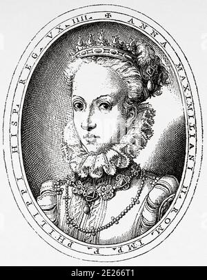 Porträt von Anne von Österreich (Cigales, 1. November 1549 - Badajoz, 26. Oktober 1580), Königin Gemahlin von Spanien und Portugal, war die vierte Frau ihres Onkels Philipp II.. Erzherzogin von Österreich, war Tochter von Kaiserin Maria von Österreich und Kaiser Maximilian II. (1527-1576). Geschichte von Philipp II. Von Spanien. Alter Stich veröffentlicht in Historia de Felipe II von H. Forneron, im Jahr 1884 Stockfoto