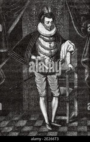 Porträt Heinrich III. Von Frankreich (Fontainebleau, 19. September 1551 - Saint Cloud, 2. August 1589) war König von Frankreich zwischen 1574 und 1589. Von 1573 bis 1574 war er König von Polen als Heinrich von Valois, Henryk Walezy. Geschichte von Philipp II. Von Spanien. Alter Stich veröffentlicht in Historia de Felipe II von H. Forneron, im Jahr 1884 Stockfoto