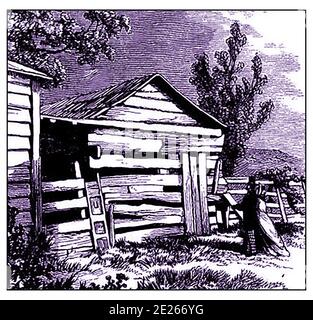 Eine sehr alte Gravur, die die ehemaligen verwelkenden Überreste der Knob Creek Farm zeigt (Abraham Lincolns erste Heimat und seine 'früheste Erinnerung'). Knob Creek Farm, jetzt restauriert als Gollaher Hütte, ist Teil des Abraham Lincoln Birthplace National Historical Park, aber vor 2001 war in Privatbesitz. Knob Tree Farm war von 1811 bis 1816 das Kinderheim des ehemaligen US-Präsidenten.die Hütte, in der die Lincolns lebten, wurde später von Austin Gollaher verlegt, der das alte Haus abnahm und die Baumstämme für den Bau eines Pferdestalls nutzte. Der Stall wurde später von einer Flut weggespült. Stockfoto