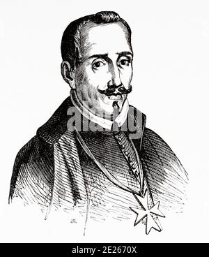 Porträt von Lope de Vega Carpio (Madrid 1562 - 1635). Dichter und Dramatiker des spanischen Goldenen Zeitalters, einer der produktivsten Autoren der universellen Literatur. Genannt Fénix de los ingenios und Monster of Nature (von Miguel de Cervantes). Spanisches Barocktheater Freund von Francisco de Quevedo und Juan Ruiz de Alarcón. Alter Stich des Buches Spanisches Lebensjahr von Ildefonso Fernandez 1899 Stockfoto