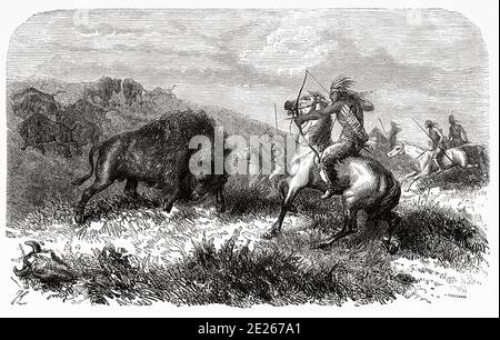 Indische Bisonjagd, Vereinigte Staaten von Amerika. Reise in den Westen des Amerikaners durch Simonin im Jahre 1867. Alte Gravur El Mundo en la Mano 1878 Stockfoto