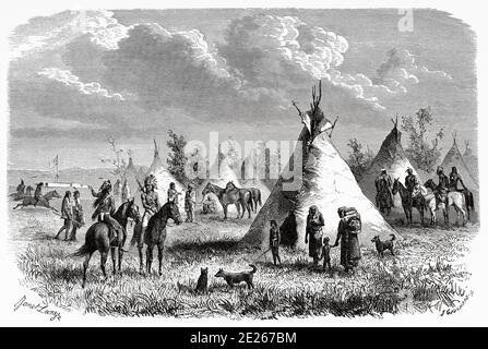 Sioux Village in der Nähe von Fort Laramie, Vereinigte Staaten von Amerika. Reise in den Westen des Amerikaners durch Simonin im Jahre 1867. Alte Gravur El Mundo en la Mano 1878 Stockfoto