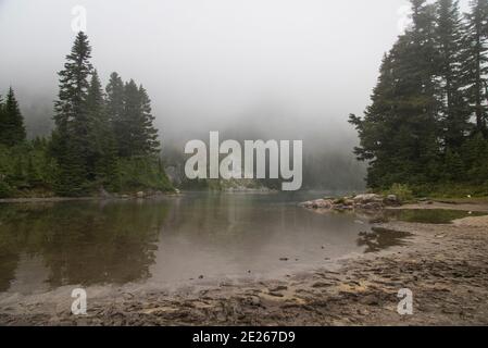 Nebel am Eunice Lake, auf dem Tolmie Peak Trail im Mount Rainier National Park, Washington, USA Stockfoto