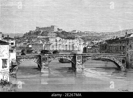 Panoramablick auf die alte römische Steinbrücke, die Etsch und die Stadt Verona, Italien Europa. Altes XIX. Jahrhundert gravierte Illustration aus dem Buch Neue universelle Geographie von Eliseo Reclus 1889 Stockfoto