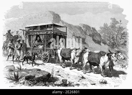 Der Tciopaya, großer zebu-gezogener Wagen für lange Reisen, Indien. Alte Gravurillustration aus El Mundo en la Mano 1878 Stockfoto