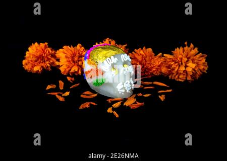 Zuckerschädel und cempasuchil Blumen (für den Tag der Toten, Mexiko) Stockfoto