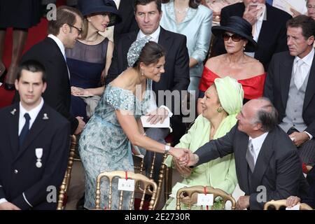 Prinz Daniel von Schweden, Prinzessin Victoria von Schweden, Farah Pahlavi, Prinz Aga Khan nehmen am 02. Juli 2011 an der Hochzeit von Prinz Albert II. Von Monaco und Charlene Wittstock im Cour d’Honneur im Palast von Monte Carlo, Monaco, Teil. Foto von Frederic Nebinger/ABACAPRESS.COM Stockfoto