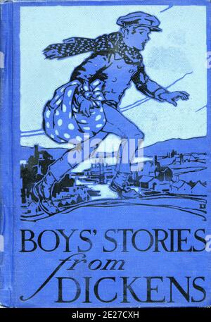 Dies ist ein Vintage-Buch mit einem illustrierten Einband. Der Titel ist Boy's Stories from Dickens, herausgegeben von der John C. Winston Company, Chicago, Philadelphia, Toronto. Copyright 1929 und retold durch Elizabeth Lodor Merchant. Illustriert von Clara M. Burd Stockfoto