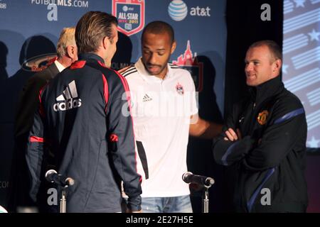 David Beckham mit Thierry Henry und Wayne Rooney nehmen an der MLS All-Star Game Pressekonferenz 2011 im All-Star HUB in New York am 25. Juli 2011 Teil.das MLS All-Star Spiel wird am Mittwoch, 27. Juli 2011 in der Red Bulls Arena in Harrison, New Jersey, gespielt. Foto von Charles Guerin/ABACAPRESS.COM Stockfoto