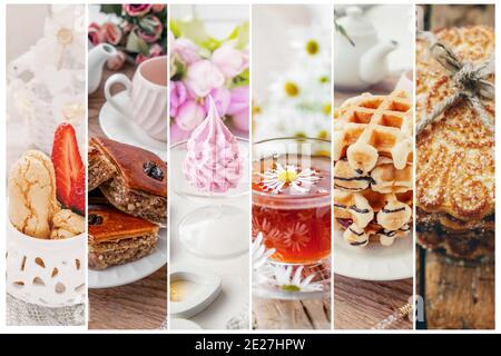 Wunderschöne Collage aus Keksen, Waffeln, Marshmallows, Baklava, Baklava, Bague und Tee, aus sechs Fotos. Tolle Beispiele für hausgemachte Süßigkeiten. Stockfoto