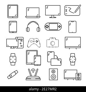 Geräte- und Elektroniksymbole eingestellt. Isoliert auf weißem Hintergrund. Einfacher, flacher Vektor. EPS10-Symbol Stockfoto