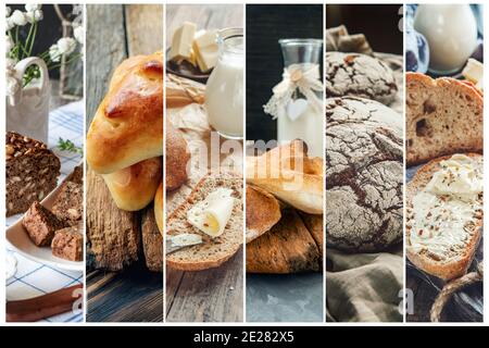 Collage aus schwarzem Brot und Weizenrollen auf einem Holzbrett. Auswahl an Brot und Backwaren. Stockfoto