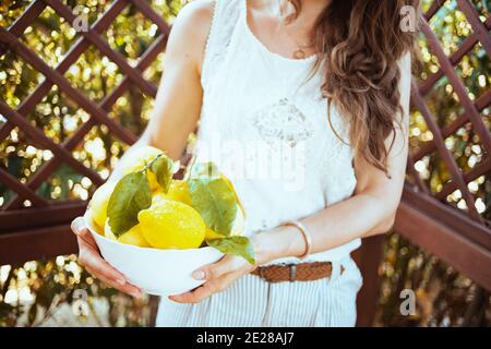 Nahaufnahme der Frau in weißem Hemd mit Teller von lokalen Bauernhof Zitronen auf der Terrasse. Stockfoto