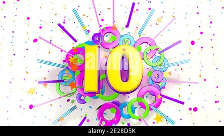 Nummer 10 für die Förderung, Geburtstag oder Jubiläum auf eine Explosion von Konfetti, Sterne, Linien und Kreise von lila, blau, gelb, rot und grün Farben o Stockfoto
