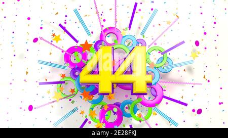 Nummer 44 für die Förderung, Geburtstag oder Jubiläum auf eine Explosion von Konfetti, Sterne, Linien und Kreise von lila, blau, gelb, rot und grün Farben o Stockfoto