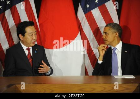 US-Präsident Barack Obama trifft am 21. September 2011 den japanischen Premierminister Yoshihiko Noda im UN-Hauptquartier in New York City. Foto von Aaron Showalter/ABACAPRESS.COM Stockfoto